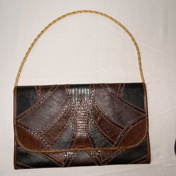 Vintage Bags by Varon Snakeskin Clutch Crossbody Gold Chain Black Brown - Picture 1 of 12